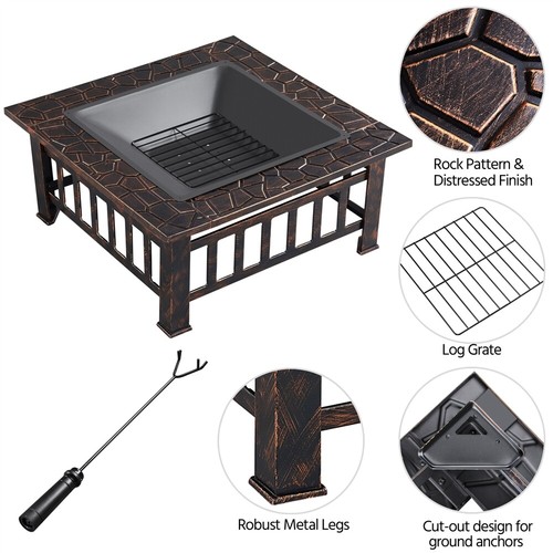 Outdoor Square Fire Pit Metal Garden Stove Brazier For Barbecue,Heating/Cooling - Picture 26 of 32