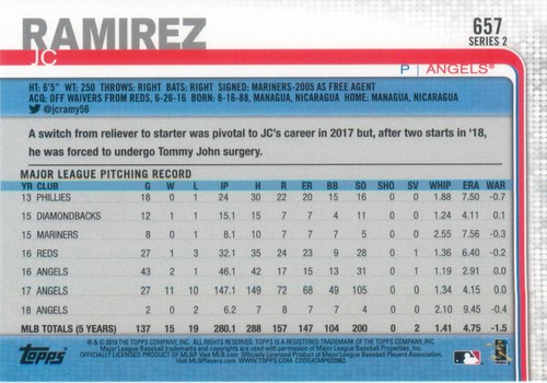 JC Ramirez 2019 Topps Series 2 Baseball MLB Base Card #657 Angels - Picture 2 of 2