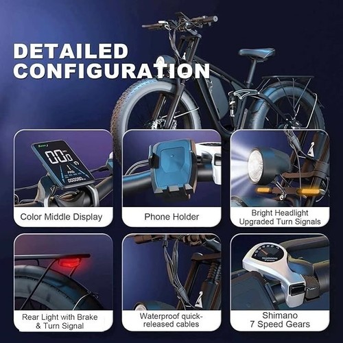 2000W Dual Motor Electric Bike 52V 23Ah 26" FatTire E-Bike MTB 35MPH 7 Speed AWD - Picture 42 of 72