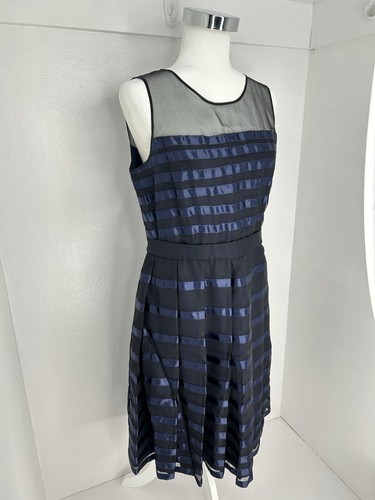 Halston Heritage Blue Black Silk Dress Size 10 Wedding Cruise Party Cocktail - Picture 3 of 13