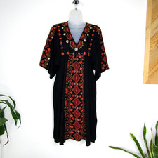 Anthropologie Raga Midi Dress Size XS Rala Black Embroidered V-Neck Boho New