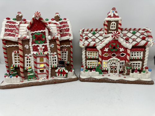 Casa de pan de jengibre iluminada, pueblo de Navidad, marrón, rojo, blanco, NUEVO 9,5" Indiv - Imagen 1 de 22