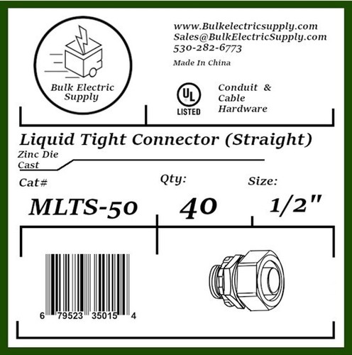 1/2" Metallic Liquid Tight Straight Connector ( 40 Pack). Zinc Die Cast - Picture 2 of 2