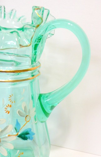Antique Victorian Aqua Green Vaseline Glass Lemonade Water Pitcher 4 Tumblers - Picture 9 of 18