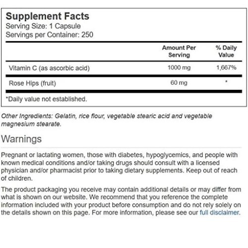 Vitacost Vitamin C 1000 mg Including Rose Hips - 250 Capsules EXP. 1/2026 - Picture 2 of 2