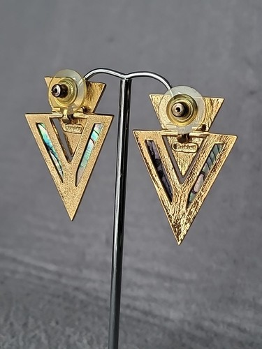 Vintage Butler FAC "Voodoo" Triangle Genuine Paua Abalone Shell 14k Post Earring - Picture 3 of 15