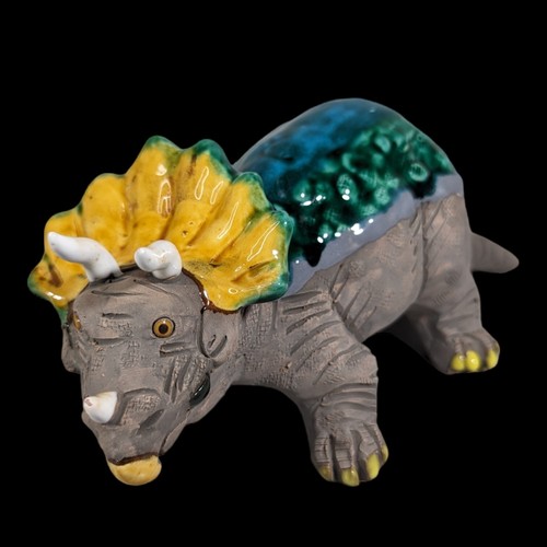 Scultura ceramica arte terracotta dinosauro triceratopo fatta a mano figura vintage - Foto 11 di 13