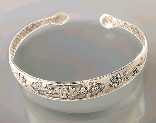 Vintage 925 Sterling Silber Asiatisches Blumenmotiv Offen Manschette Armreif Armband - Bild 2 von 10