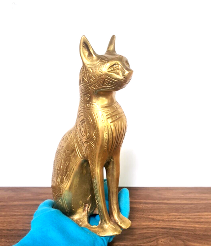 Goddess Bastet Cat with Intricate Pharaonic Inscriptions Brass Statue - Picture 1 of 17