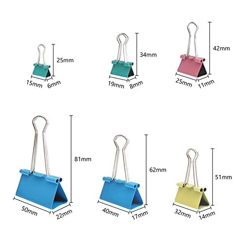 Ykimok 100 Pcs Colored Binder Clips Metal Paper Clamps 6 Assorted Sizes Extra