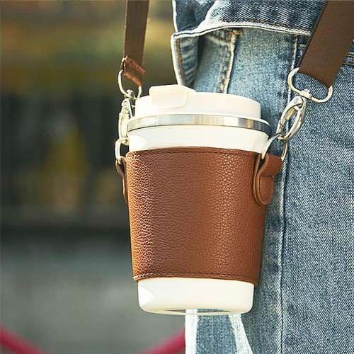 Coffee Cup Water Bottle Carrier Pouch with Adjustable Shoulder Strap Holder Bag - Picture 2 of 7