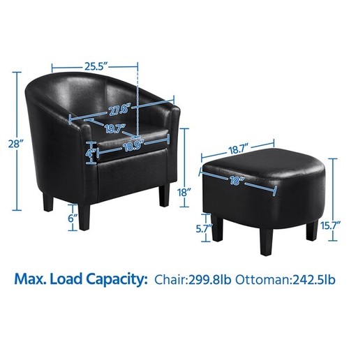 Faux Leather Club Chair and Ottoman Set Arm Chair for Bedroom Living Room Black - Picture 7 of 11