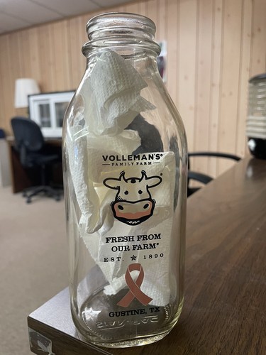 Pink Ribbon For Cancer Cow Vollemans Glass Milk Quart Bottle Gustine TX - Picture 1 of 5