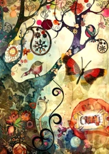 Butterfly Bird ACEO Collage - Whimsical Nature Themed, 2.5x3.5 ATC Miniature