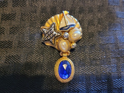 PENDANT Hand Crafted Nautical Theme Sailboat Star Shell Pearls Vintage Collage - Picture 2 of 10