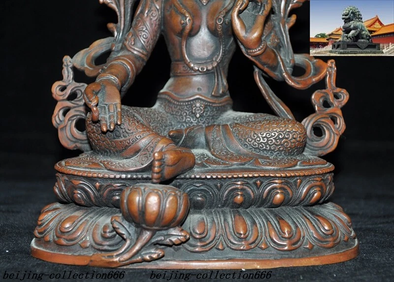 9" Antiguo Budismo Tibetano Bronce Verde Tara Kwan-Yin Guanyin Diosa Buda Estatua Foto 3 de 4