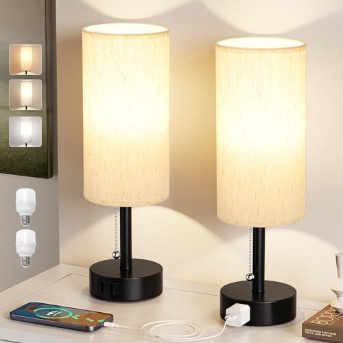 Bedside Table Lamps Set of 2 - 3 Color Temperatures Pull Chain 14.0in Cream - Bild 2 von 7