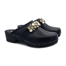 Swedish Women's Leather Clogs with JEWEL 100 Made in Italy - G6428 BLACK