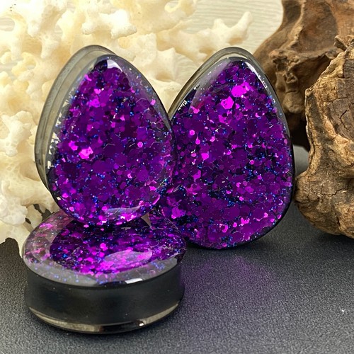 Pair of Black Steel Teardrop Plugs with Purple Chunky Glitter (EMB-012) gauges - Picture 4 of 4
