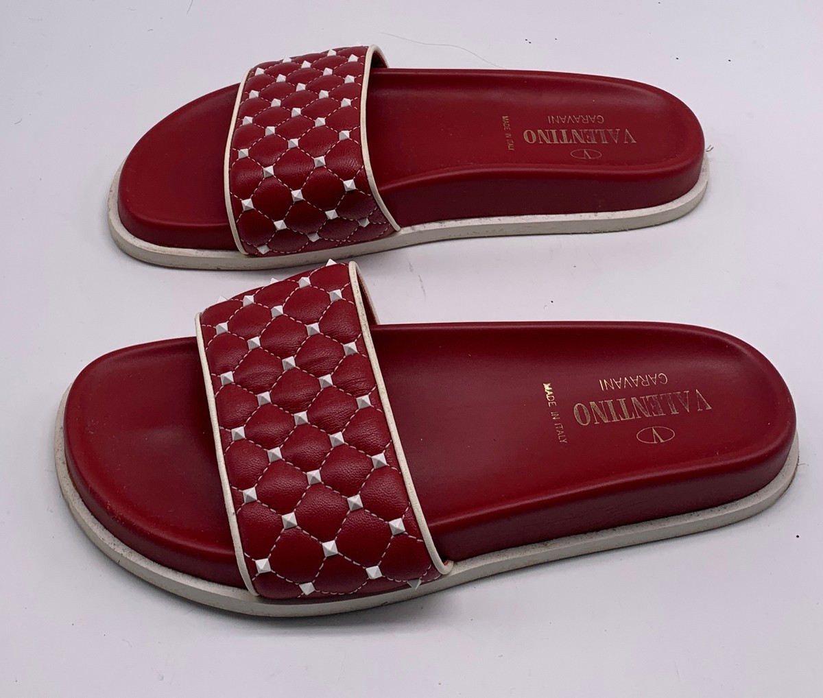 Valentino Red Leather Quilted Rockstud Slide Sandals sz 37