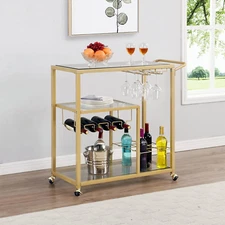Rolling Bar Carts Gold with Wheels,Home Bar Serving Cart with Glass Wine Holders
