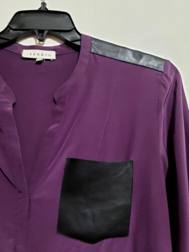 Sandro Paris Tunic Blouse Womens Size Medium Purple Eureka Silk Leather Pocket  - Picture 8 of 16