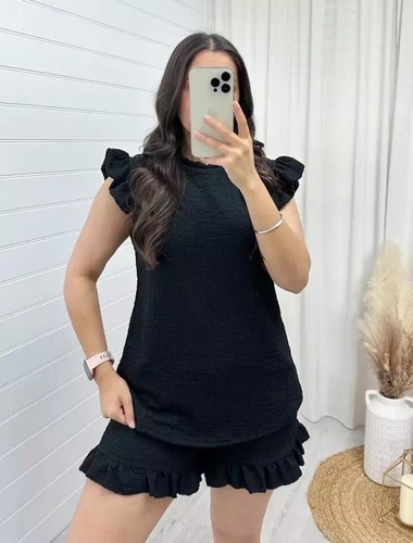 Para mujeres Damas Tela de tela de tela con volantes Top Pantalones Cortos 2 PIEZAS Conjunto Co Ord Salón - Imagen 3 de 16