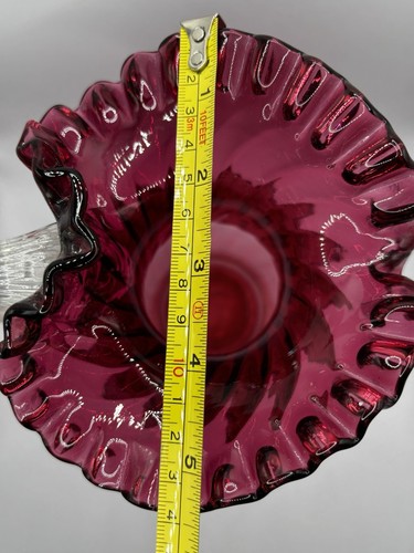 Vintage Murano Italy Cranberry Swirl Glass Clear Handle Ruffle Edge Pitcher - Picture 10 of 12