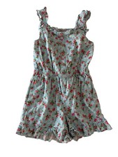 Boden Girls Blue Floral Romper Ruffle Sleeves Shorts Size 7 Cotton Linen Blend
