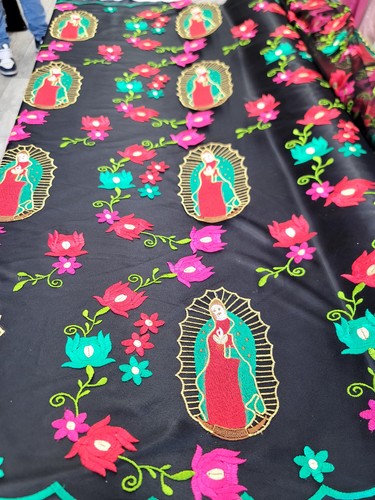 Fabric By The Yard Lace Embroidery Red Green Floral Virgen Mary Black Mesh Lace - Picture 6 of 14