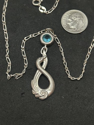 925 Sterling Stork Aquamarine Blue Gem 1.75in Pendant Necklace 16in - 8.41g - Picture 3 of 4