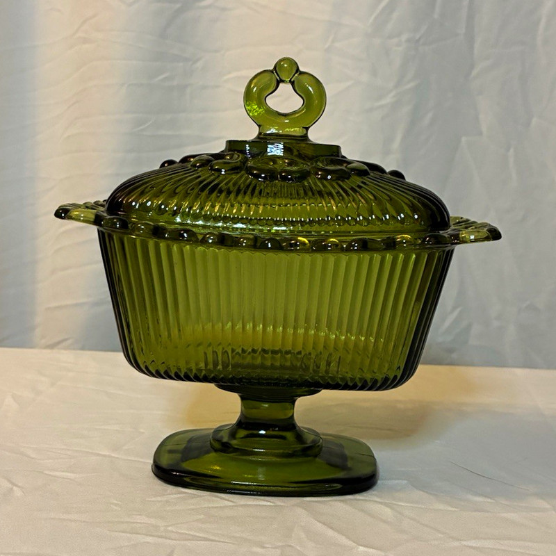 Vintage MCM Avocado Green Indiana Glass Candy Dish Lace Edge with Lid