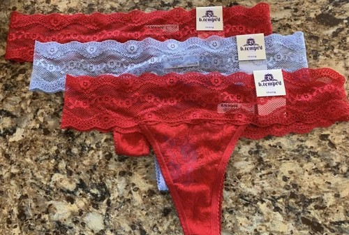 WACOAL b.tempt'd 970182 3 PAIR VERY VIOLET / TANGO RED THONG PANTIES ~ LARGE - Picture 2 of 8