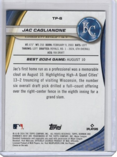 JAC CAGLIANONE 2024 BOWMAN'S BEST PURPLE MOJO REFRACTOR #TP-6 RC 047/250 - Picture 5 of 5