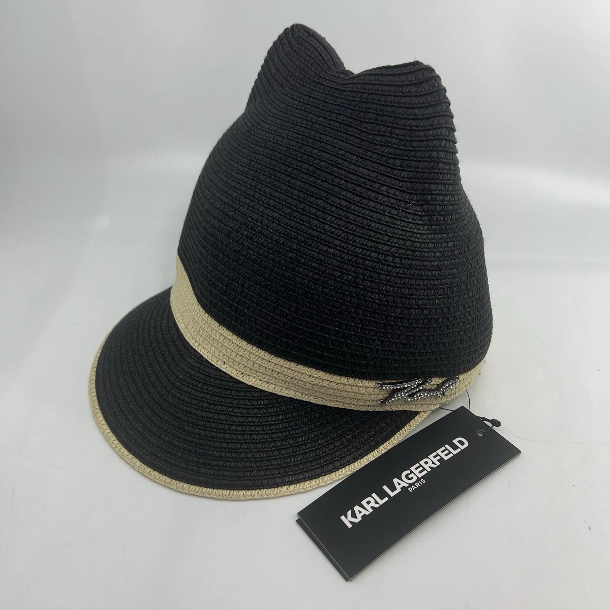 Karl Lagerfeld Cat Ear Beige Straw Visor Hat with Black Band Amazon.com: Karl Lagerfeld hat Visor with Karl Logo and  main image 4