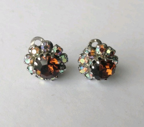 Retro Ohrclips 40er 50er Aurora Borealis Bernstein Glas silberfarben Vintage  - Bild 11 von 14