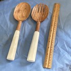 Crate And Barrel Wood Salad Serving Set With Marble Handles