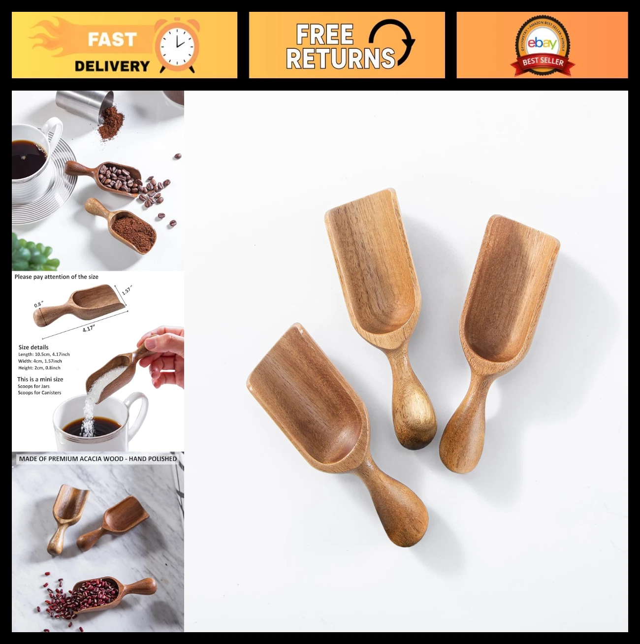 3PCS Mini Wooden Scoops - Acacia Wood for Jars, Coffee, Seasoning, Bath Salt
