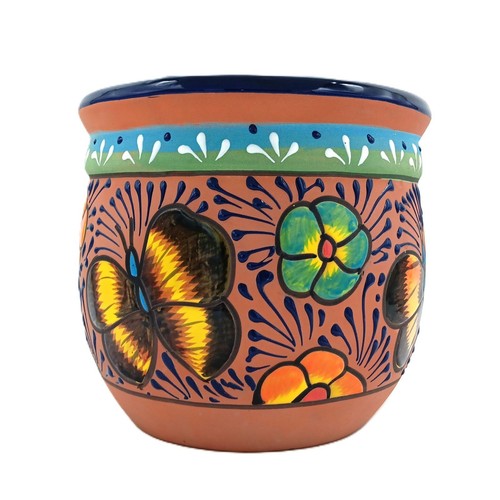 Mexican Engobe Clay Pottery Planter Flower Pot Butterfly Ceramic Talavera - Picture 5 of 9