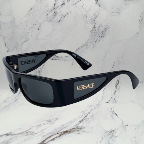 VERSACE Sunglasses New Black Square Wrap Shield Mask Acetate Gold Letter Logo