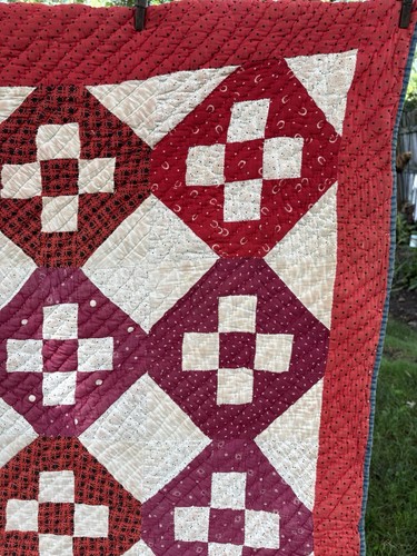 VTG Quilt Hand Pieced c.1880 72”x74” Red Horseshoe Antique - Picture 6 of 17
