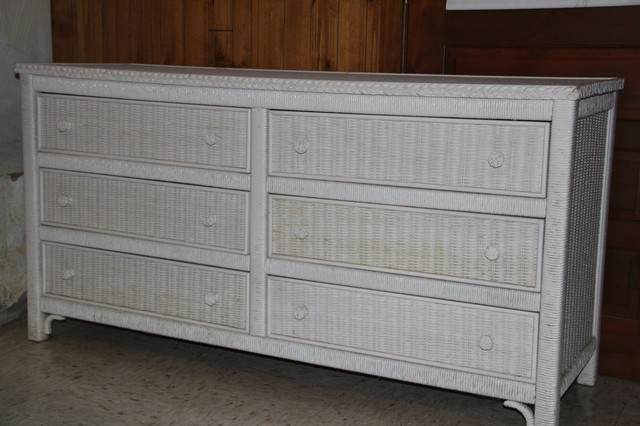 Henry Link White Wicker 6 Drawers And 3 Shelfs With Glass For Sale