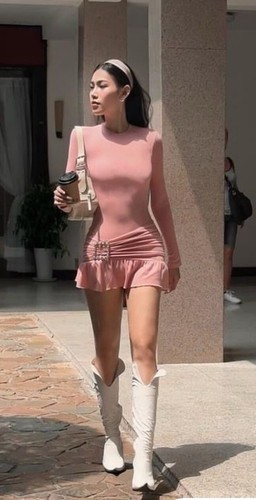 👚Vestido ceñido al cuerpo rosa pálido tejido acanalado detalle hebilla volantes, manga larga Y2L 14 xxl - Imagen 6 de 6