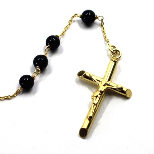 Collar Rosario de Oro Amarillo 18K, Esferas En Ónix Negro ,Medalla Y Cruz, 60 CM - Imagen 6 de 9