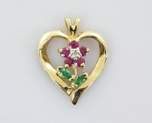 Ruby Emerald and Diamond Heart Pendant 10k Yellow Gold - Picture 1 of 3