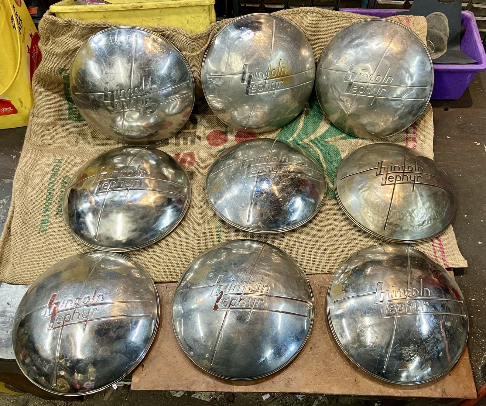 Nine/9 Original Vintage • 1939 Lincoln Zephyr Hub Caps • Rat Hot Rod