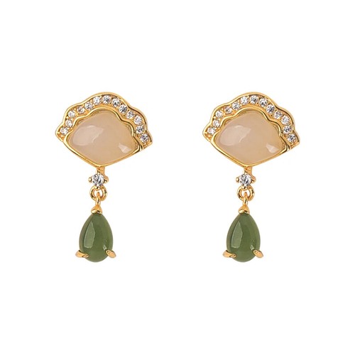 Natural Hetian Jasper Fan Earrings for Women Ancient Gold Craftsmanship Crystal  - Picture 6 of 6