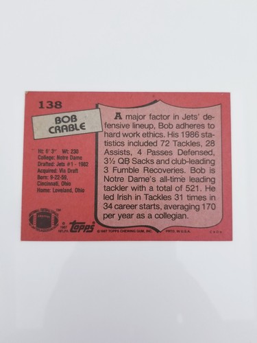 1987 Topps Bob Crable Rookie New York Jets #138 NFL Football Trading Card - Picture 2 of 2