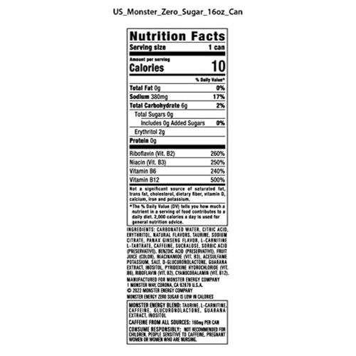 Monster Energy Zero Sugar, Green, Low Calorie Energy Drink, 16 ounce Pack of 15 - Picture 4 of 6