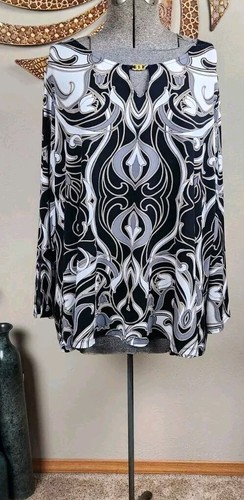  Dennis Basso Women Plus Sz 3X Black Grey White Bohemian Stretch Party Shirt. - Picture 13 of 16